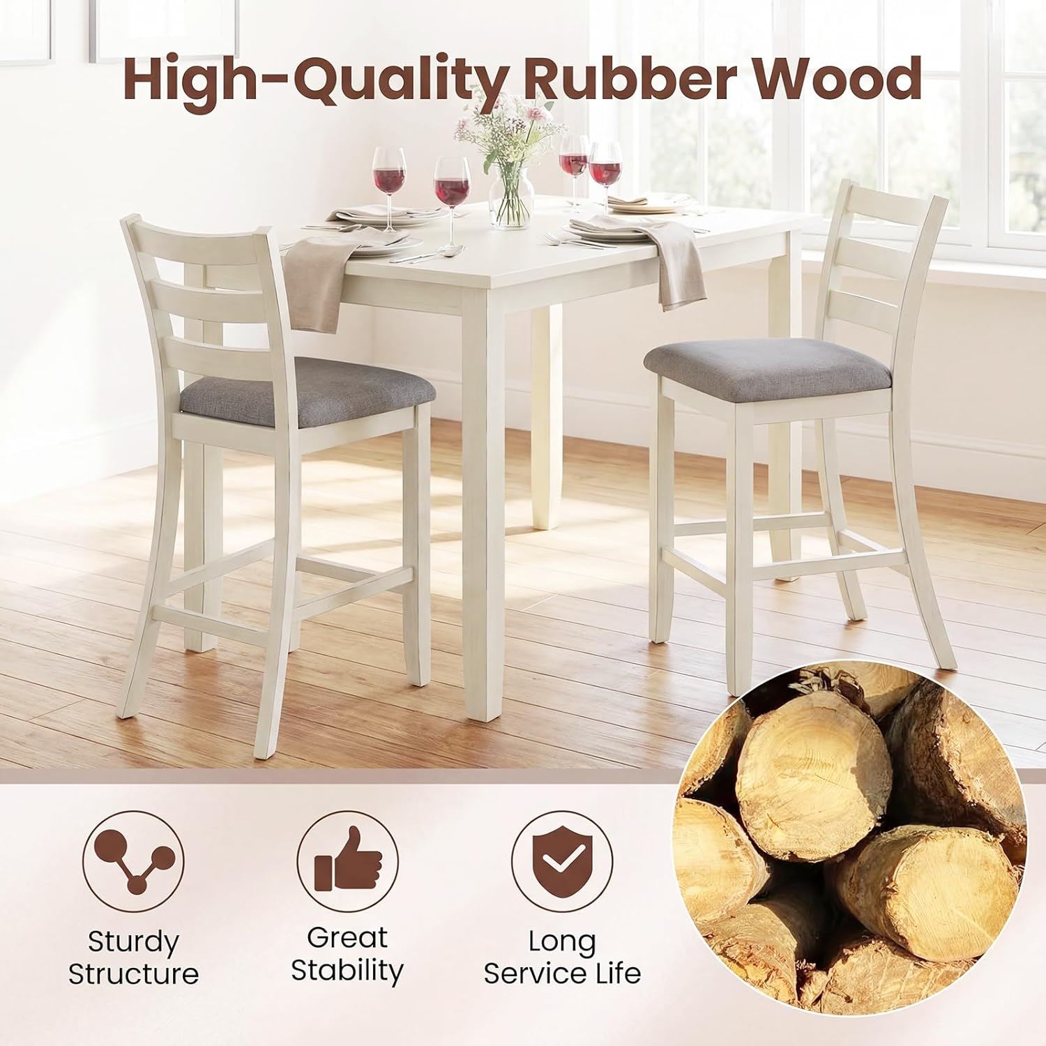 COSTWAY Set of 2 Counter Height Bar Stool, 26 Inch Upholstered Bar Stools with Solid Rubber Wood Frame, Foam-Padded Cushion, Footrest, Kitchen Chair for Bistro, Living Room, Grey and Beige