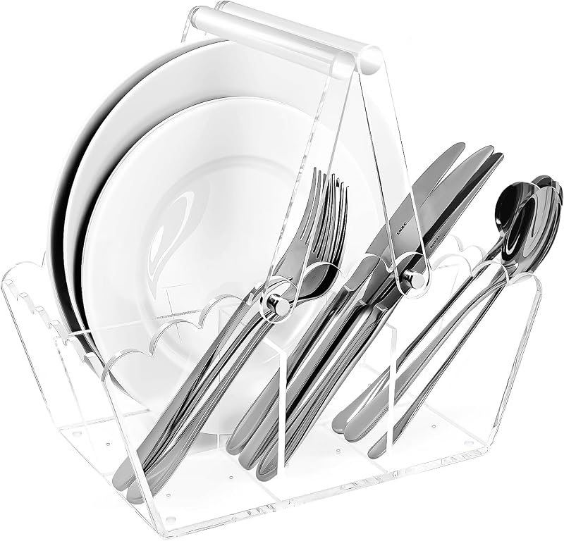 Scalloped Silverware Organizer,Clear Acrylic Utensil Caddy | Balanced dual grips,Space-Saving,Countertop Cutlery Holder for Spoons,Forks,Knives, Napkins,Plates,Picnic Party Essential