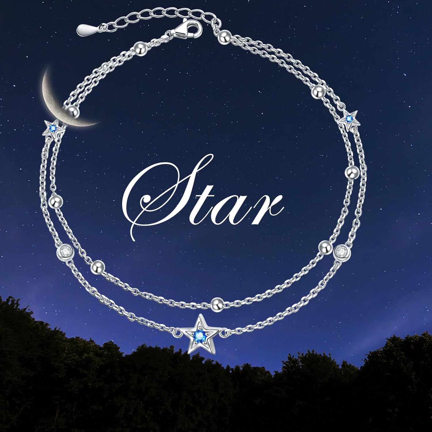 DAOCHONG Double Foot Chain Layer Ankle Bracelets for Women S925 Sterling Silver 3 Blue Stars Beads Chain Double Layer Anklet Beach Jewelry Anklet 9+1.5 inches
