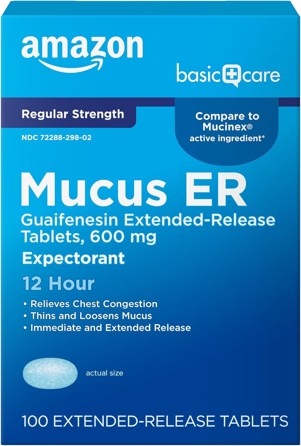 Amazon Basic Care Guaifenesin Extended-Release Tablets, 600 mg, 12 Hour Expectorant for Chest Congestion and Mucus Relief, 100 Count