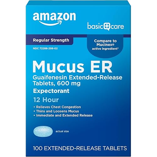 Amazon Basic Care Guaifenesin Cough and Mucus Relief Extended-Release Tablets, 600 mg, 12 Hour Expectorant Caplet 100 Count