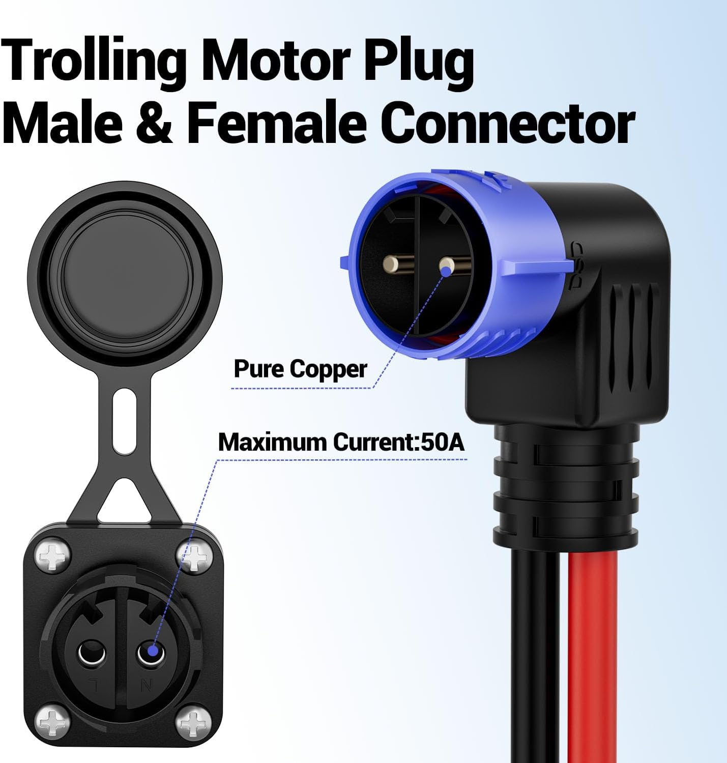 Trolling Motor Plug,12V/24V/36V/48V 2-Wire 8 Gauge 50A Receptacle for Minn Kota Marine Boat, Male & Female Waterproof Quick Connect (Elbow)