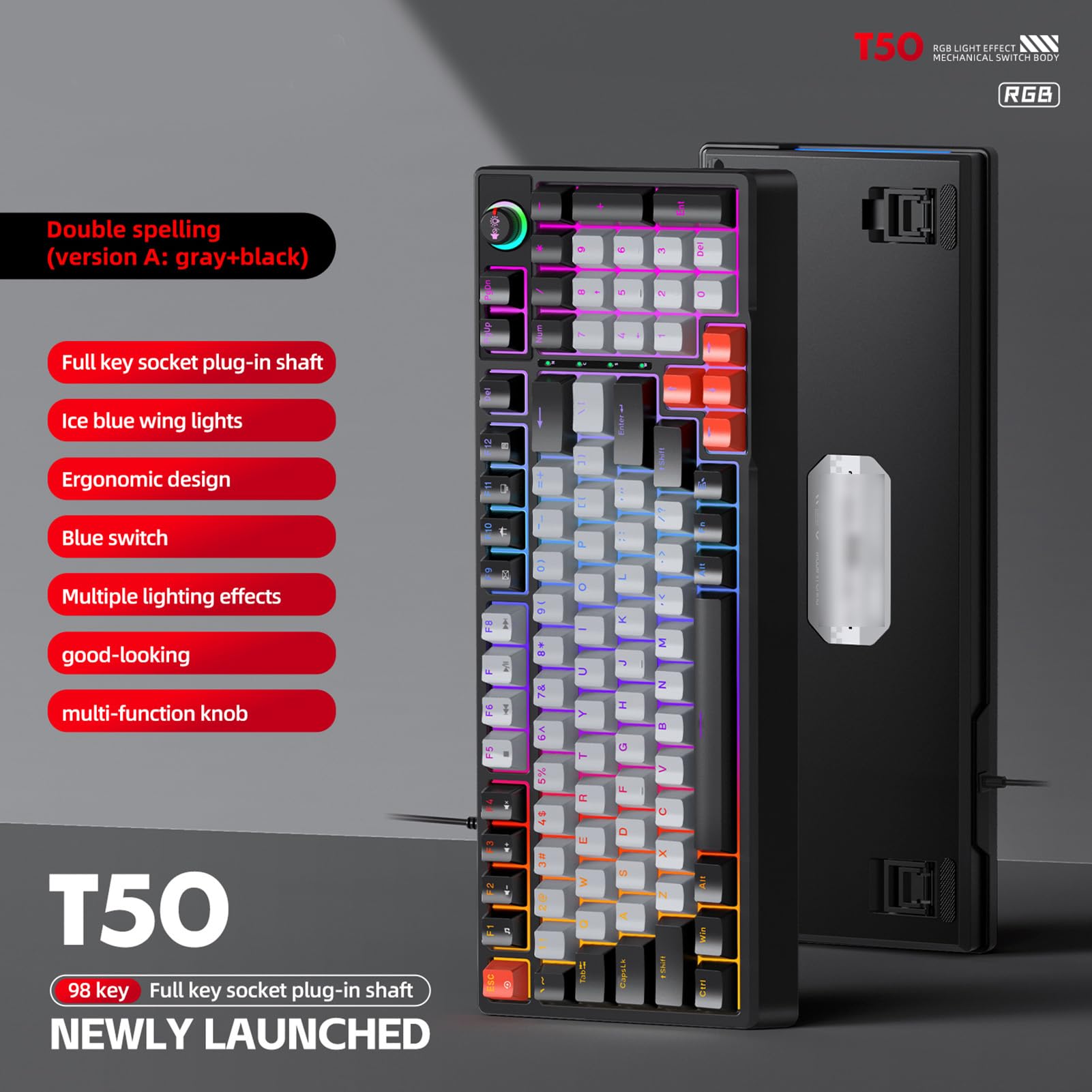 Luocute Klawiatura Mechaniczna T WOLF T50 RGB, 98 Klawiszy z możliwością Wymiany Podczas Pracy, Niebieski Przełącznik z Dynamicznym Oświetleniem i Pokrętłem, do Pisania na Komputerze (Czarny Szary