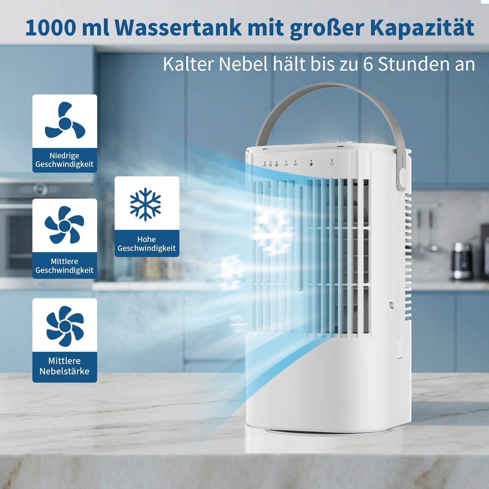 Mobile Klimaanlage, 120° Oszillation klimaanlage mobil, USB 4 in 1 klimaanlage ohne abluftschlauch mit 2/4 H Timer, 3 Geschwindigkeiten & 3 Nebelmodi, 7 Farben Mini Klimaanlage für Hause, Büro