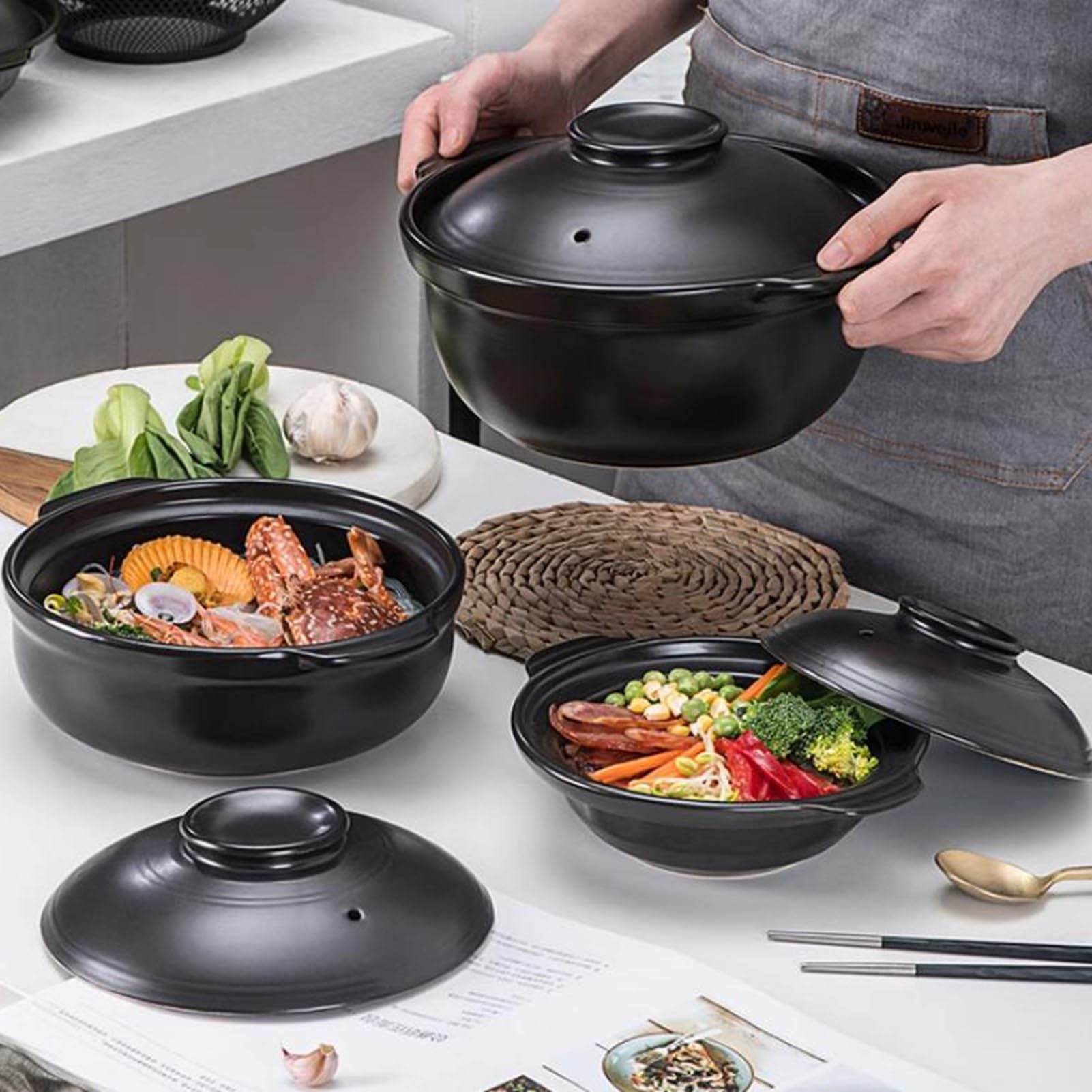 Keramik-Hot Pot, Antihaft-Ton-Kochtopf, hitzebeständiger Kasserolle mit Deckel, runder Steingut-Topf für Eintopf, Suppe, Nudeln, 6,5 l