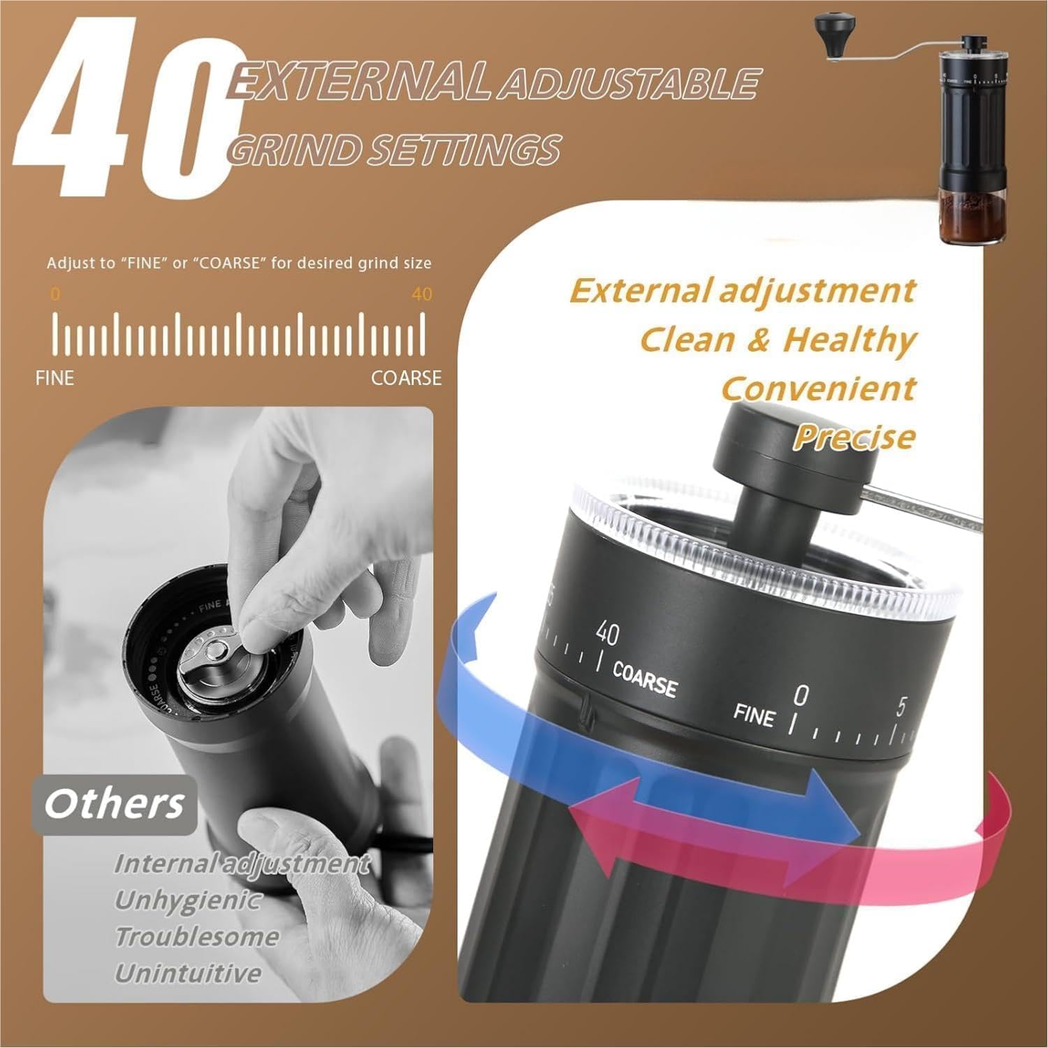 Compact Manual Coffee Grinder - 40 Adjustable Settings, Premium Conical Burr Mill for Espresso, Pour Over, French Press - Perfect for Travel & Office Use