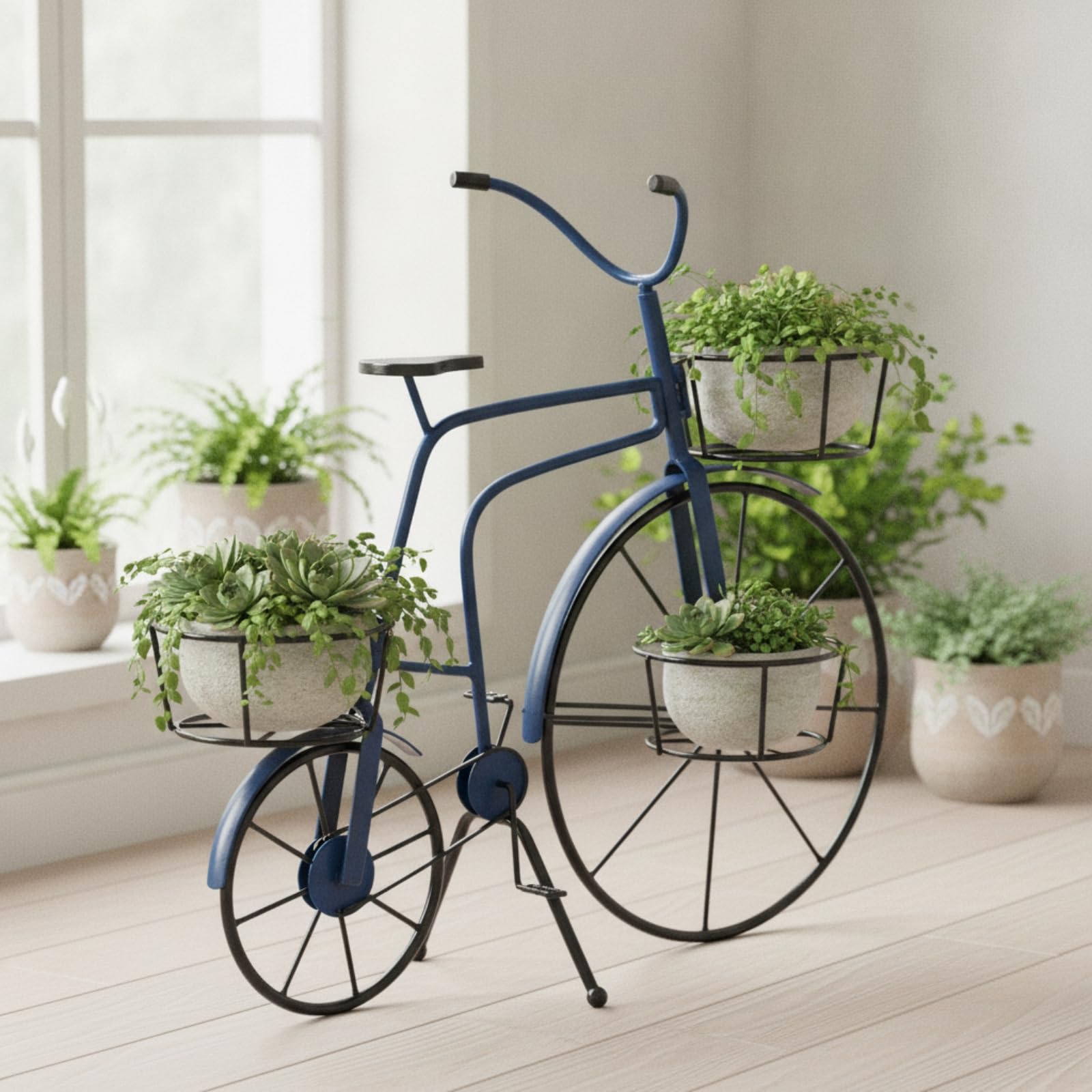 Porte-Plante En Forme Vélo sur Pied Support Pot Fleurs En Forme Vélo Extérieur Porte-Plante avec Roues pour Salon , Bleu
