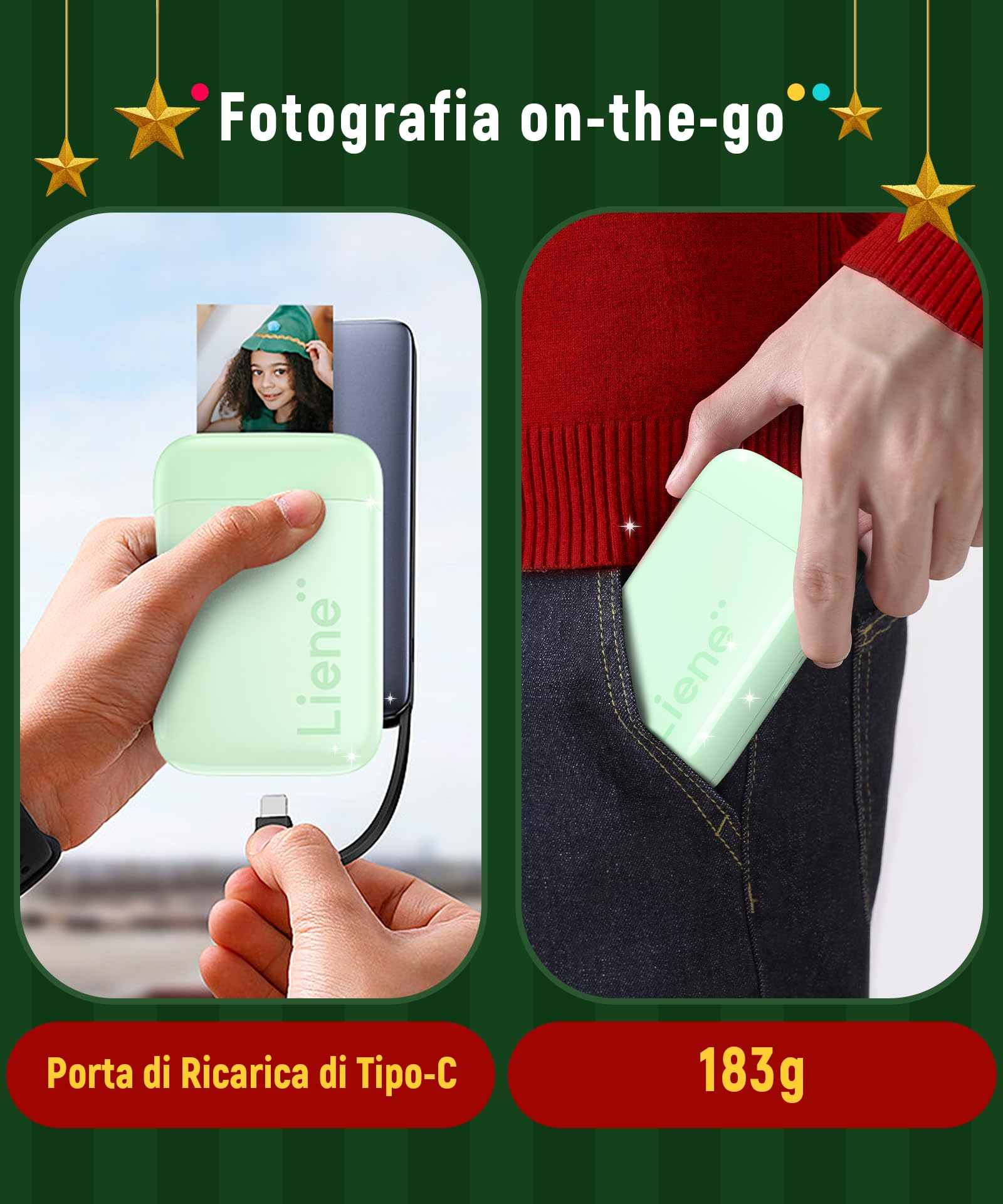 Liene Pearl K100 Stampante Portatile, 2x3 Stampante Fotografica Istantanea con 50 Fogli di Zink Carta Fotografica Adesiva, Connessione Bluetooth, APP Dedicata, Mini Stampante per iOS & Android, Verde