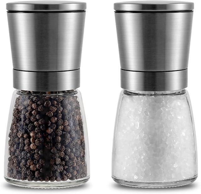 Vevouk Salt Pepper Grinder Set Premium Ceramic Salt and Pepper Mills Glass Body Adjustable Coarseness, Coarse & Fine Salt Shakers