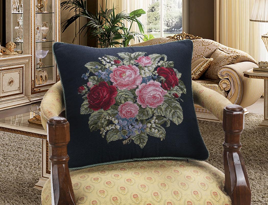 AidaluxLuxury Made in Italy Jacquard Cushion Case Vintage Roses Throw Pillow Cover, Shabby Chic Decorative Cushion for Sofa Couch, Bed, Chair, Living Room, Bedroom
