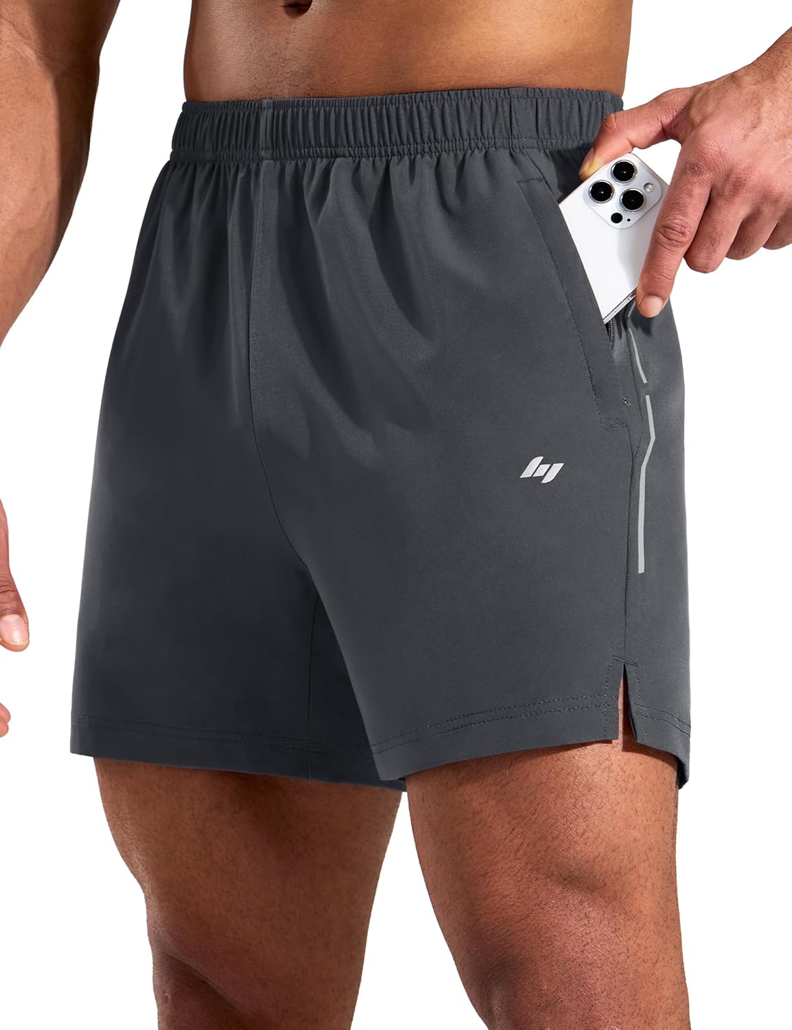 MIER Mens 5 Inch Athletic Running Shorts Quick Dry Lightweight Workout Gym Training Active Reflective Shorts,3 Zipper Pockets
