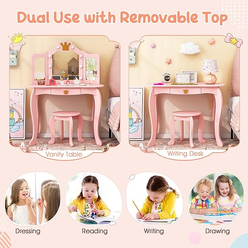 Miniatura 41 de Costzon Juego de mesa y silla para niños, tocador de maquillaje de princesa con cajón y espejo de tres pliegues, juego de tocador 2 en 1 con parte