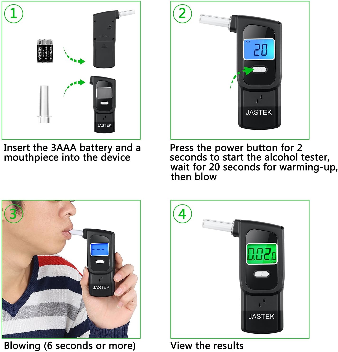 Four-step guide for using the JASTEK Breathalyzer, showing battery insertion, warm-up, blowing, and result display.