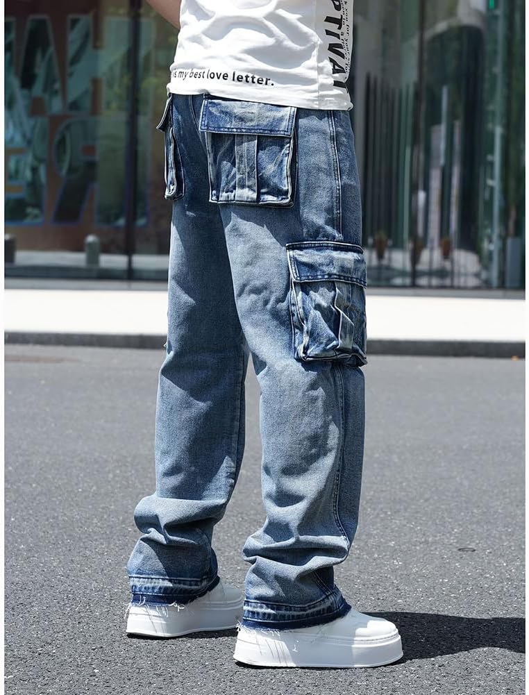 Mens Loose Fit Hip Hop Jeans Casual Cargo Denim Pants with Multi Pockets - Image 3