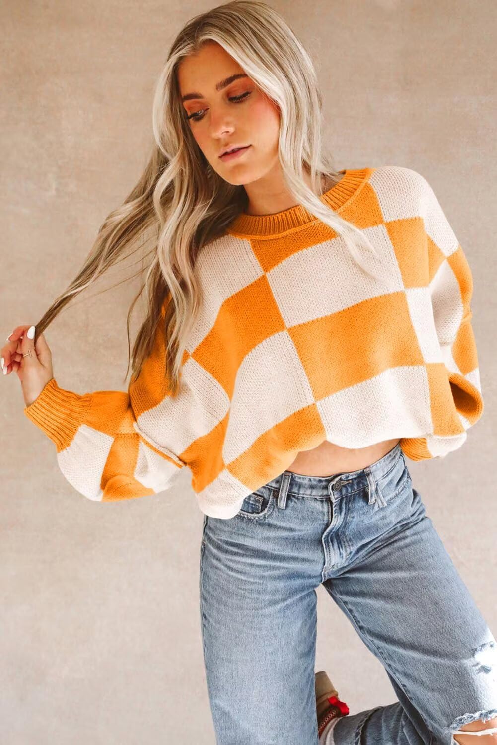 Women's Casual Crew-Neck Long Sleeve Sweater Checkered Pullover Knit Sweaters Jumper Top - Image 3