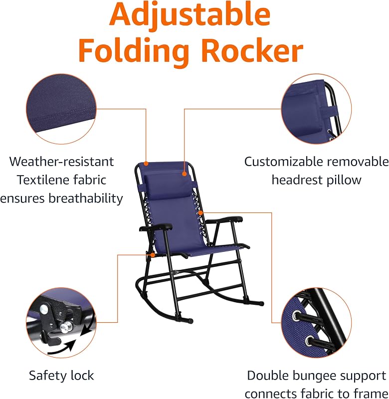 Amazon Basics Outdoor Portable Folding Rocking Chair with Headrest, Ergonomic Design, Weather-resistant Textilene Fabric for Porch, Blue image 4