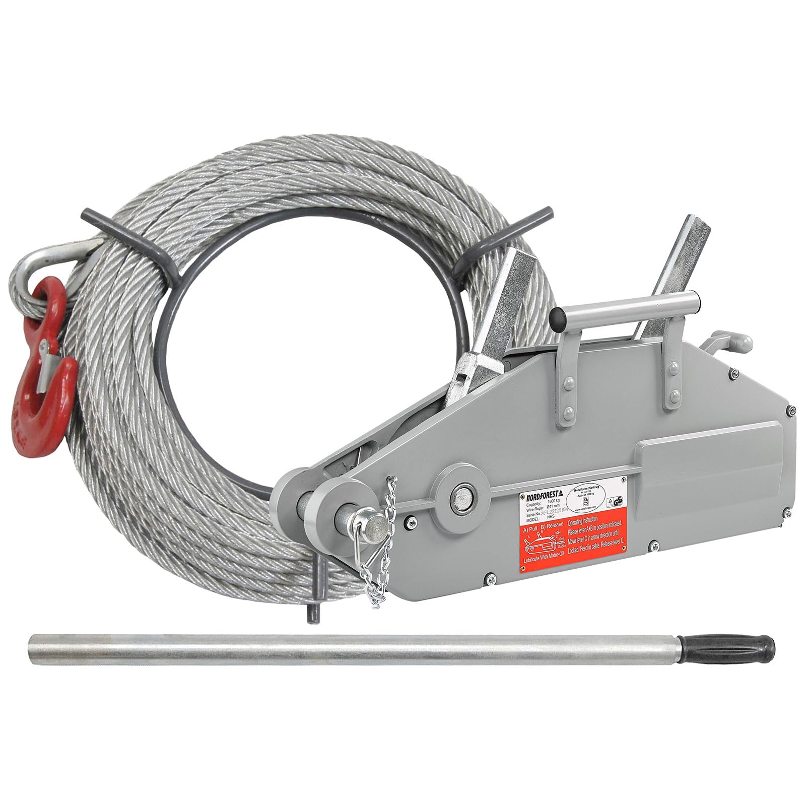 Nordforest Seilzug 1600 kg – Handseilzug mit 20 m Stahlseil Ø 11 mm – Forst Seilwinde für Holzrücken & Baumfällung – inkl. Hebelrohr & Überlastschutz