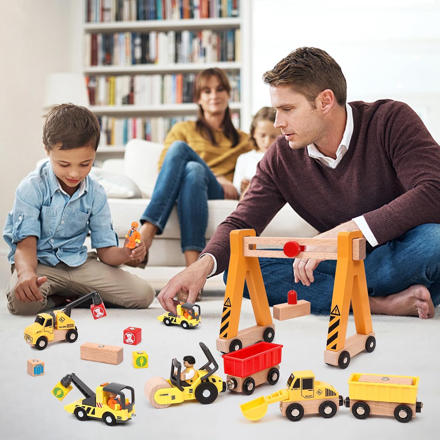 Atoylink 15PCS Kids Wooden Construction Toys with Magnetic Train Cars, Gantry Crane Bulldozer Roller Tow Truck Construction Site Vehicles Playset Gifts for 3 4 5 6 Year Old Toddlers Boys