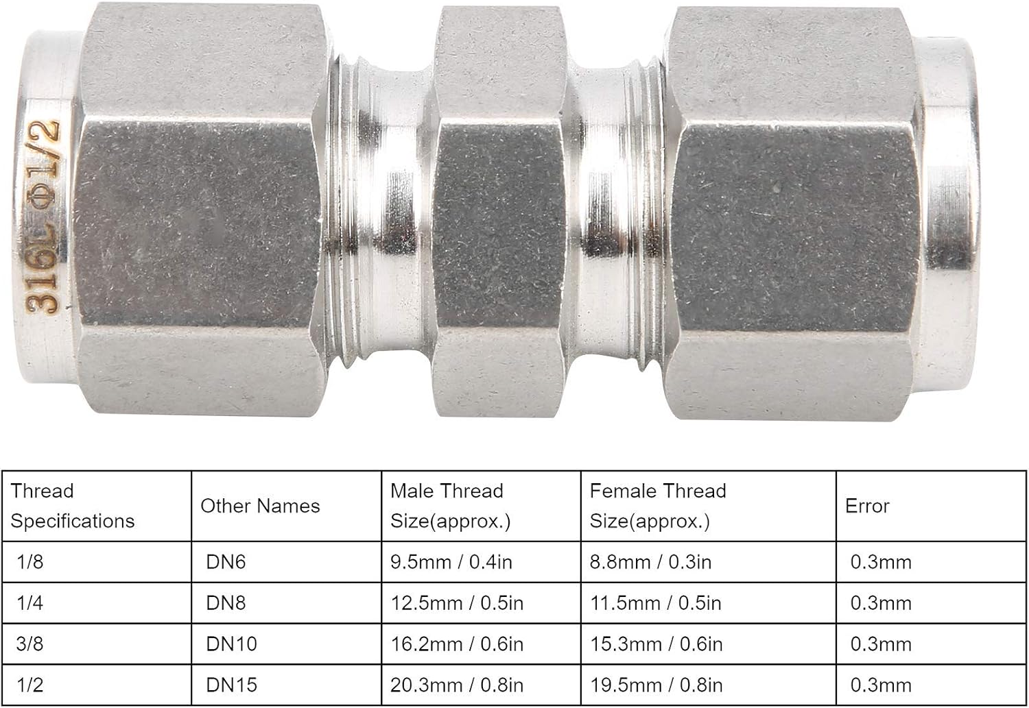 2Pcs 316 Stainless Steel Compression Fitting Straight Double Ferrule Tube Adapter, Pressure for Complex Pipeline Connections, Suitable for Liquid Gas Oil and (F1 / 2)