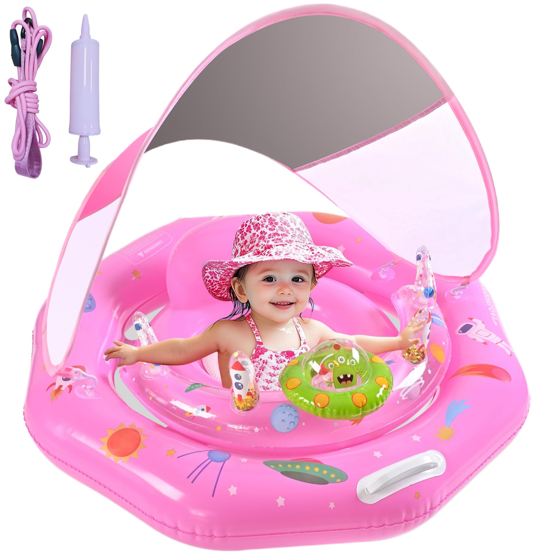 Baby Pool Float for 6-36 Months | Extra Wide Infant Pool Float with UPF50+ Sunshade & Toy Play Console | Baby Floatie with Adjustable Safety Seat, Detachable Canopy, Secure Handle & Safety Leash