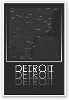 ArtsyCanvas Detroit Monochrome Map Printed on a 24x36 Poster. Comes Ready to pin to Your Wall in Minutes. Perfect for The Traveler in Your Life.