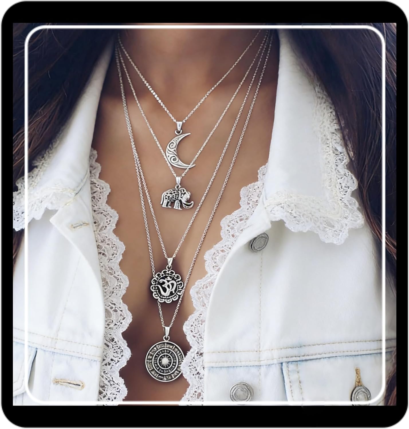 Doubnine Long Multilayer Statement Necklace 4 Layer Hippie Boho Circle Drops Multistrand Bohemian Necklace Layered for Women