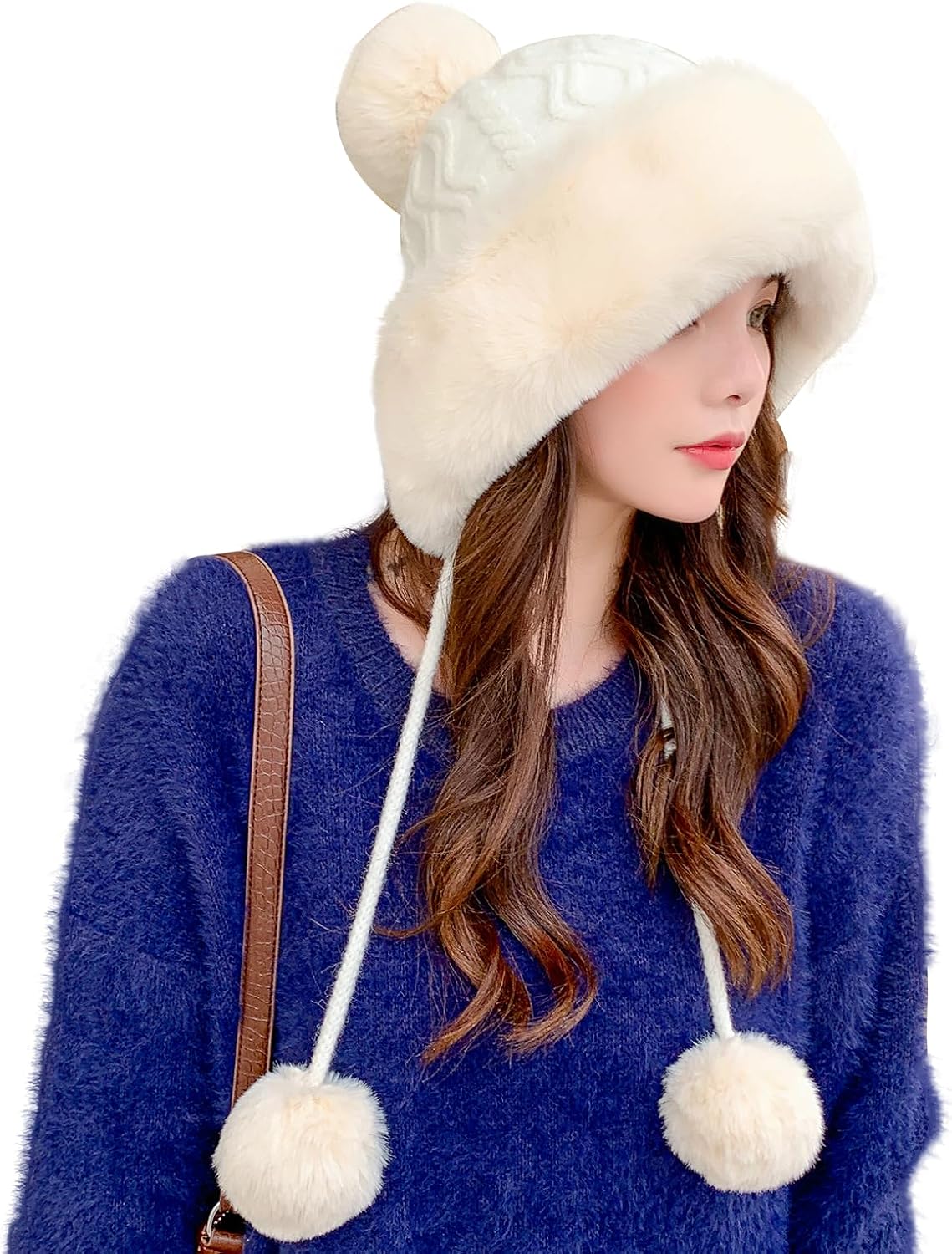 Peicees Womens Fur Hats with Pompom for Winter Warm Knit Beanie Skull Cap Russian Ushanka Trapper Hat with Ear Cover