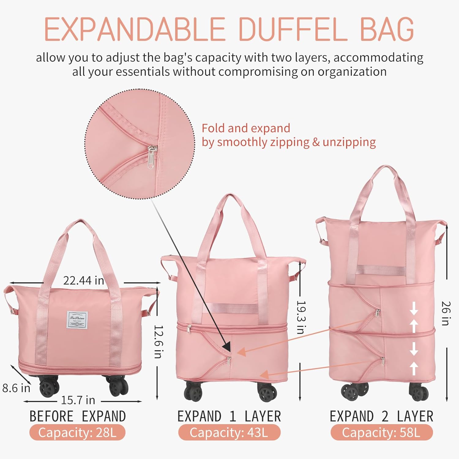 VOOWO Rolling Duffle Bag with Wheels, Expandable Foldable Duffle Bag for Travel, Rolling Under Seat Luggage Carry on Duffel Bags, Wheeled Travel Duffel Large Overnight Weekend Bags (Pink) - Image 2