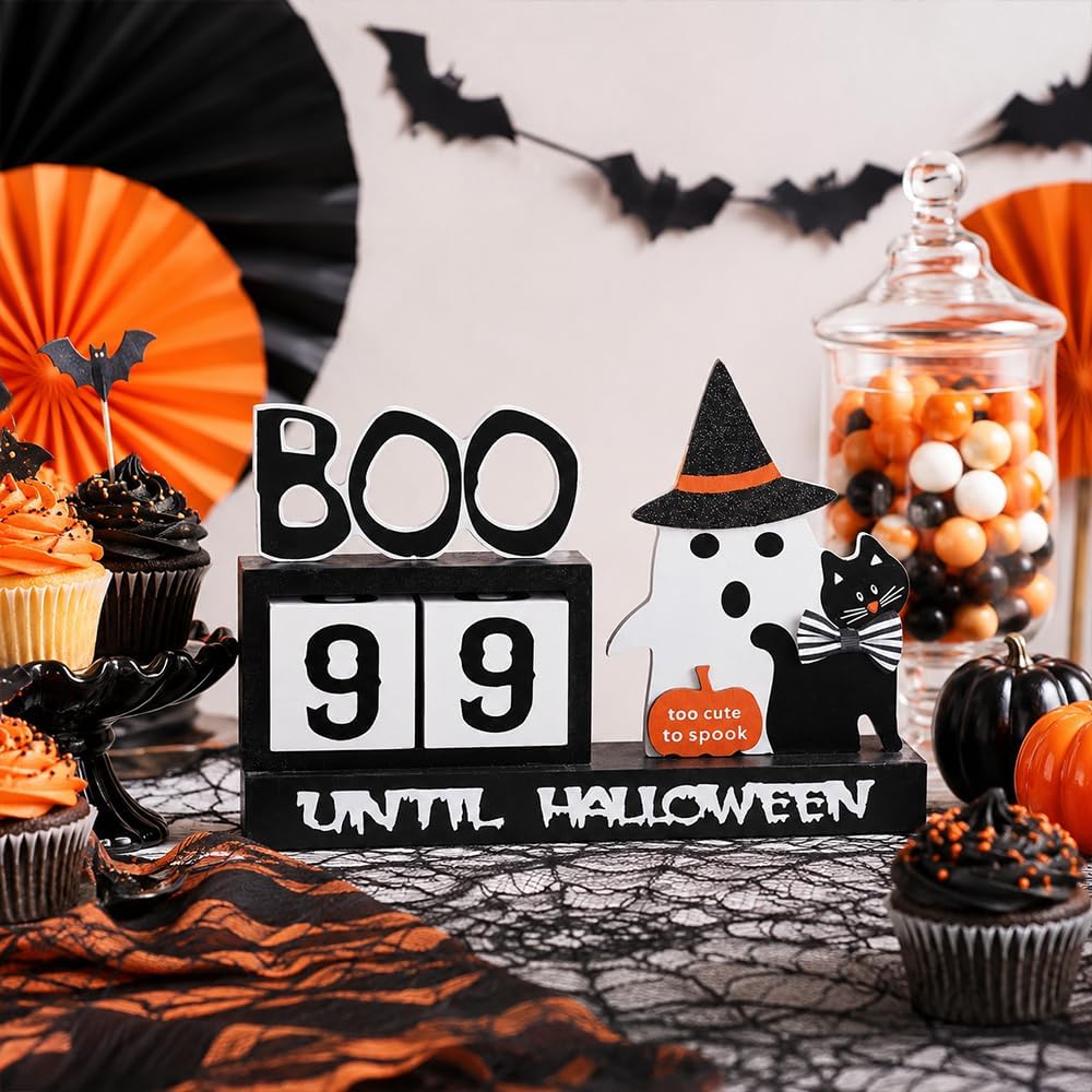 Halloween Decorations Indoor, DECSPAS Wood Halloween Countdown Calendar Halloween Decor, Two Movable Numeral Blocks for Counting 99 Days to Halloween, Ghost Ornaments Boo Sign Halloween Room Decor image 4