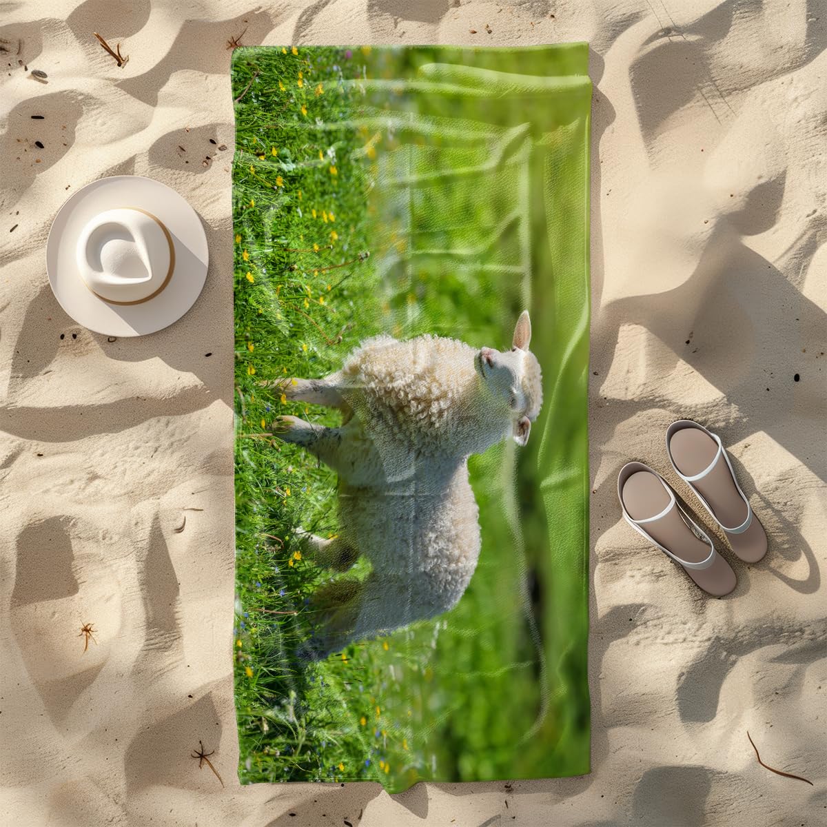 Serviette de Plage Moutons Verts Herbe Serviette de Bain Sport Piscine Toilette Microfibre Piscine Anti Sable Drap de Plage Bain xxl Ultraléger Portable Towel Absorbant Séchage Rapide 200x220cm