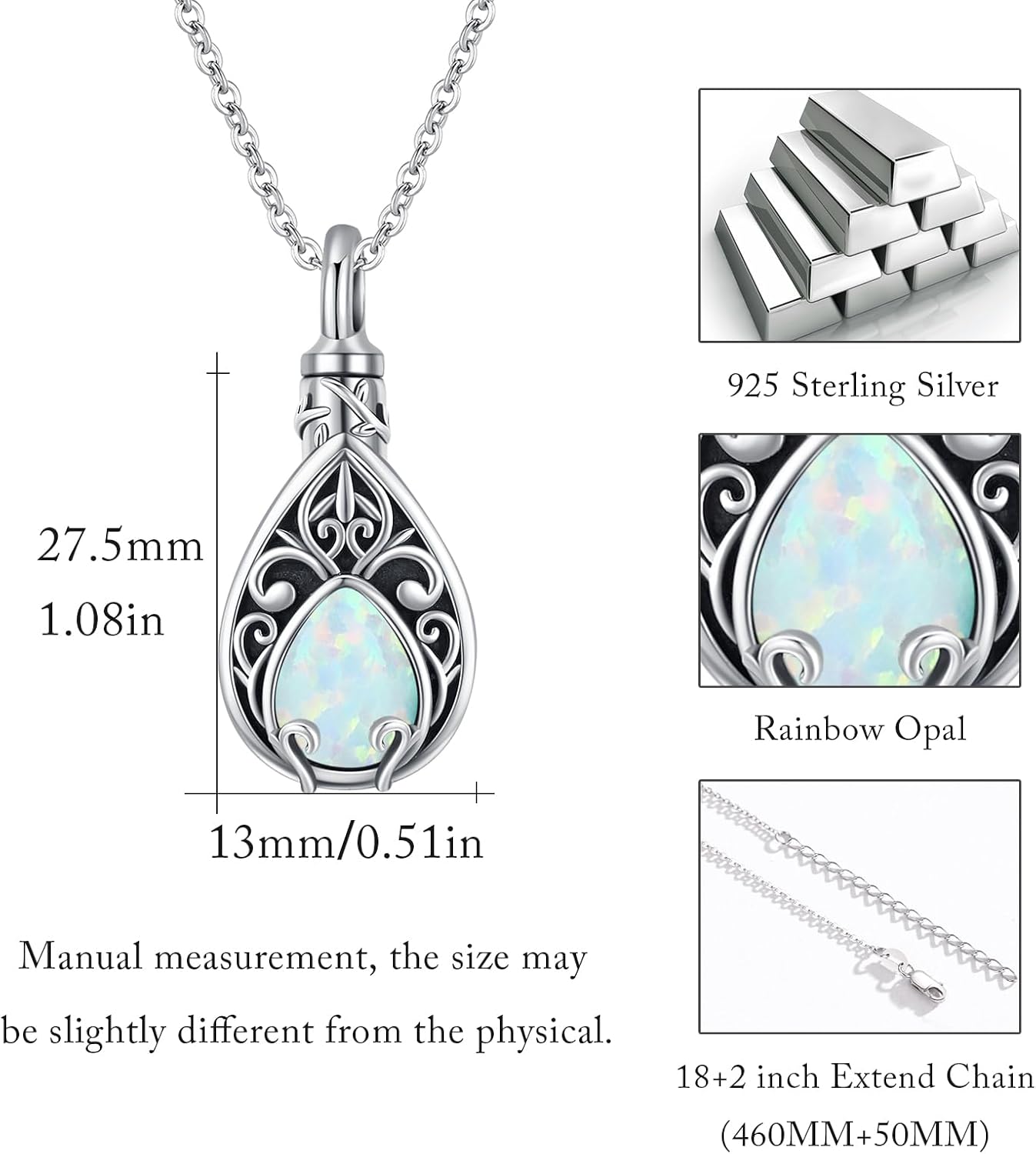 TUGHRA Cremation Jewelry 925 Sterling Silver Urn Necklace for Ashes Tree of Life Memorial Keepsake Locket Pendant Teardrop/Heart Memorial Gifts Keepsake Jewelry w/Funnel Filler for Women Men - Image 4