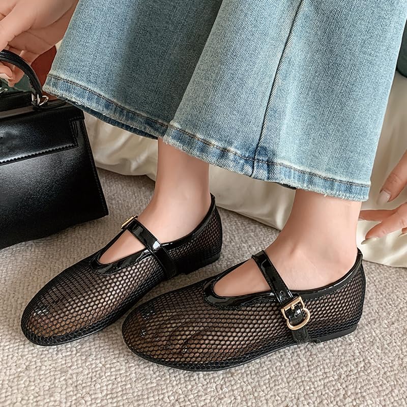 Mesh Ballet Flats for Women Black Comfortable Ballerina Buckle Strap Flats Ladies Fishnet Casual Elegant Mary Jane Dress Shoes3