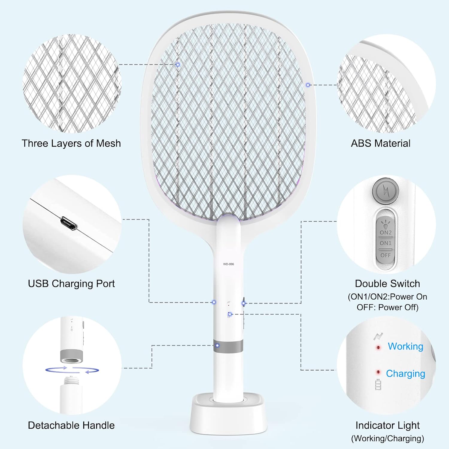 Three images showing the assembly of the detachable handle of the electric fly swatter, followed by three images of the swatter being used outdoors, in a garden, and camping.