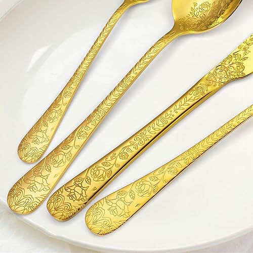 Miniatura 5 de AHOUSEWARE 30 Piece Gold Flatware Set, Stainless Steel Cutlery Set with Floral Embossed Handles, Tableware for 6, Dishwasher Safe, Modern Kitchen