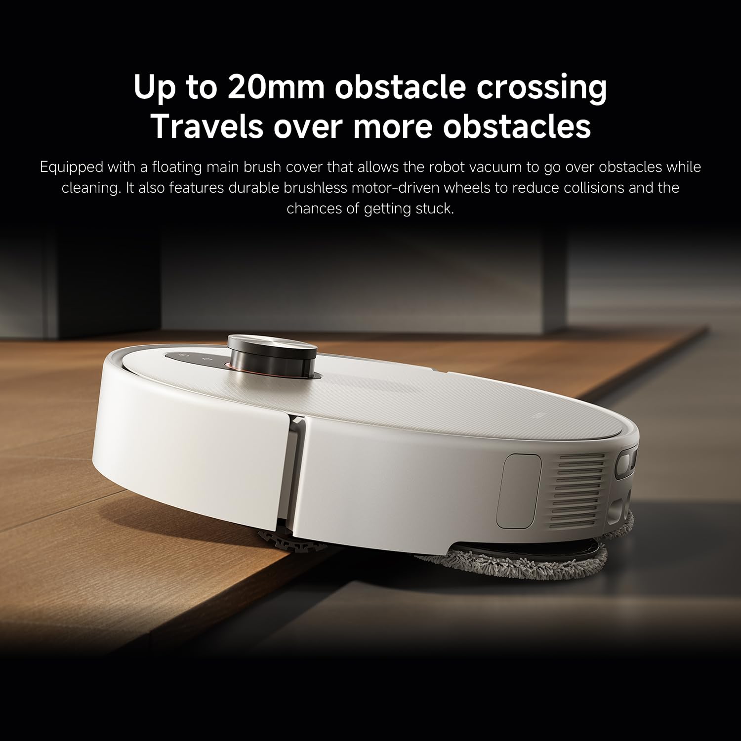 Xiaomi Robot Vacuum 5 Pro demonstrating obstacle crossing capability over a raised threshold