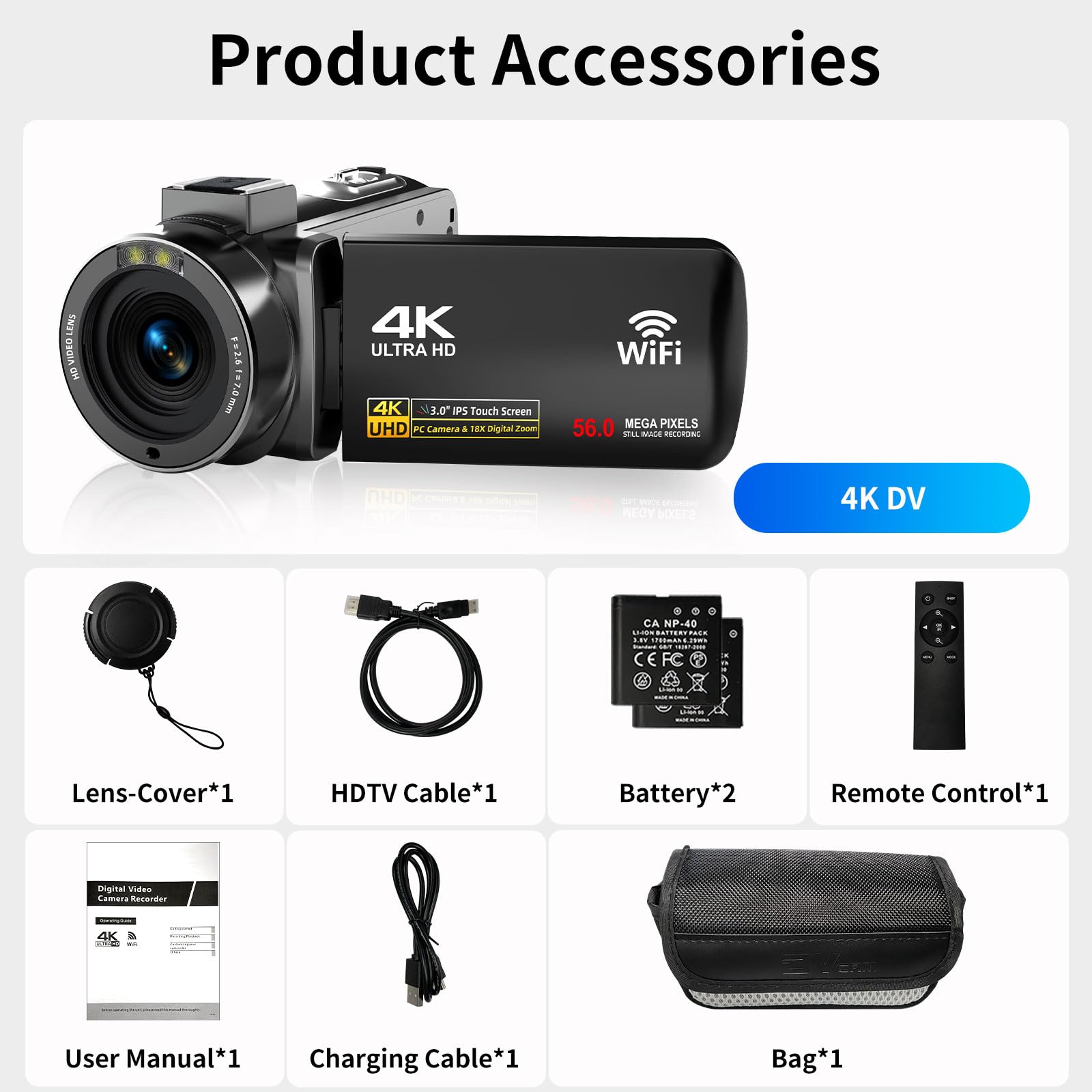 4K 56MP Video Camera Camcorder, 18X Digital Zoom 270°Rotation 3.0