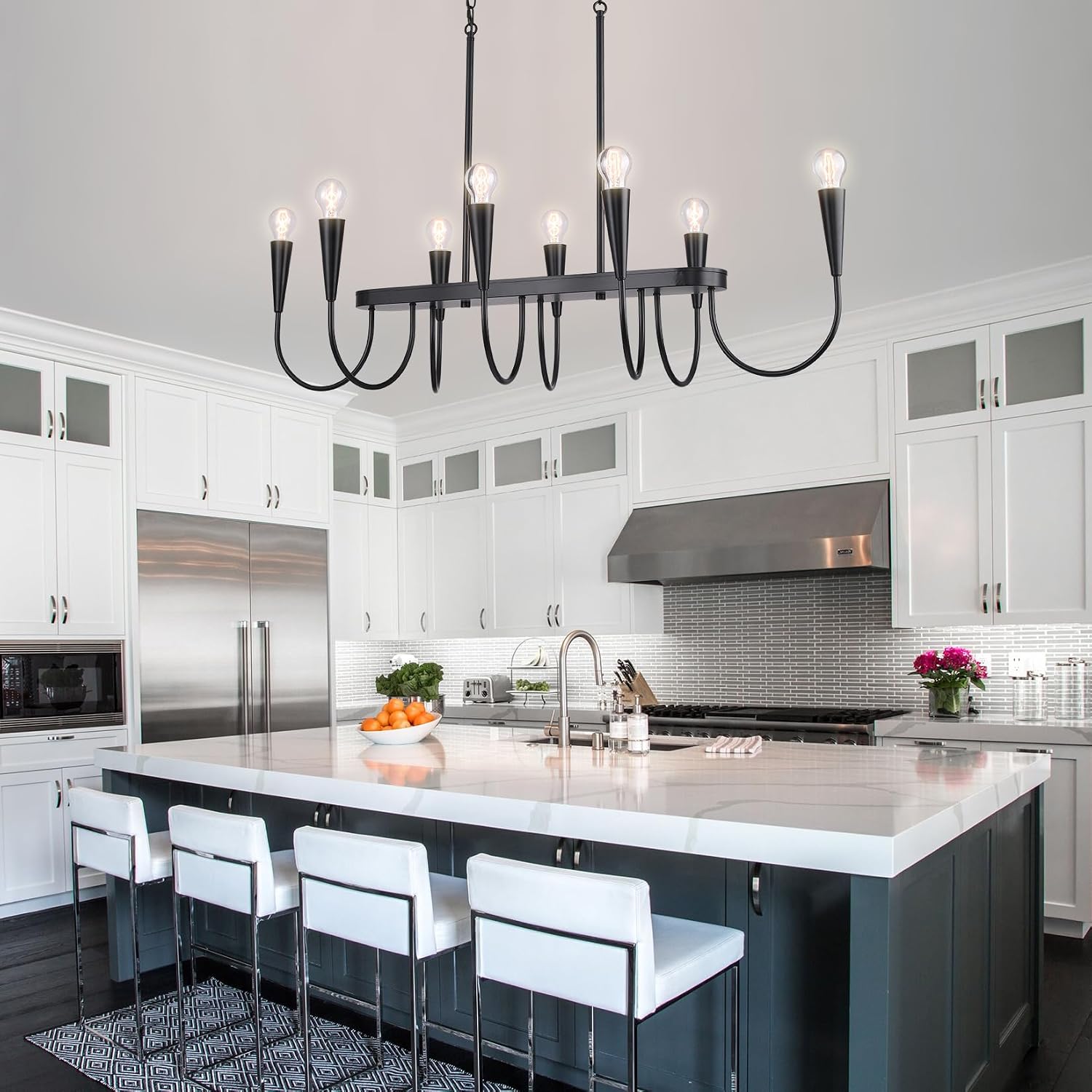 48 Inch Black Industrial Chandelier, 8-Light Linear Farmhouse Dining Room Ceiling Light for Kitchen Island, Adjustable Hanging Chain, E26 Bulb Base (Bulbs Not Included)