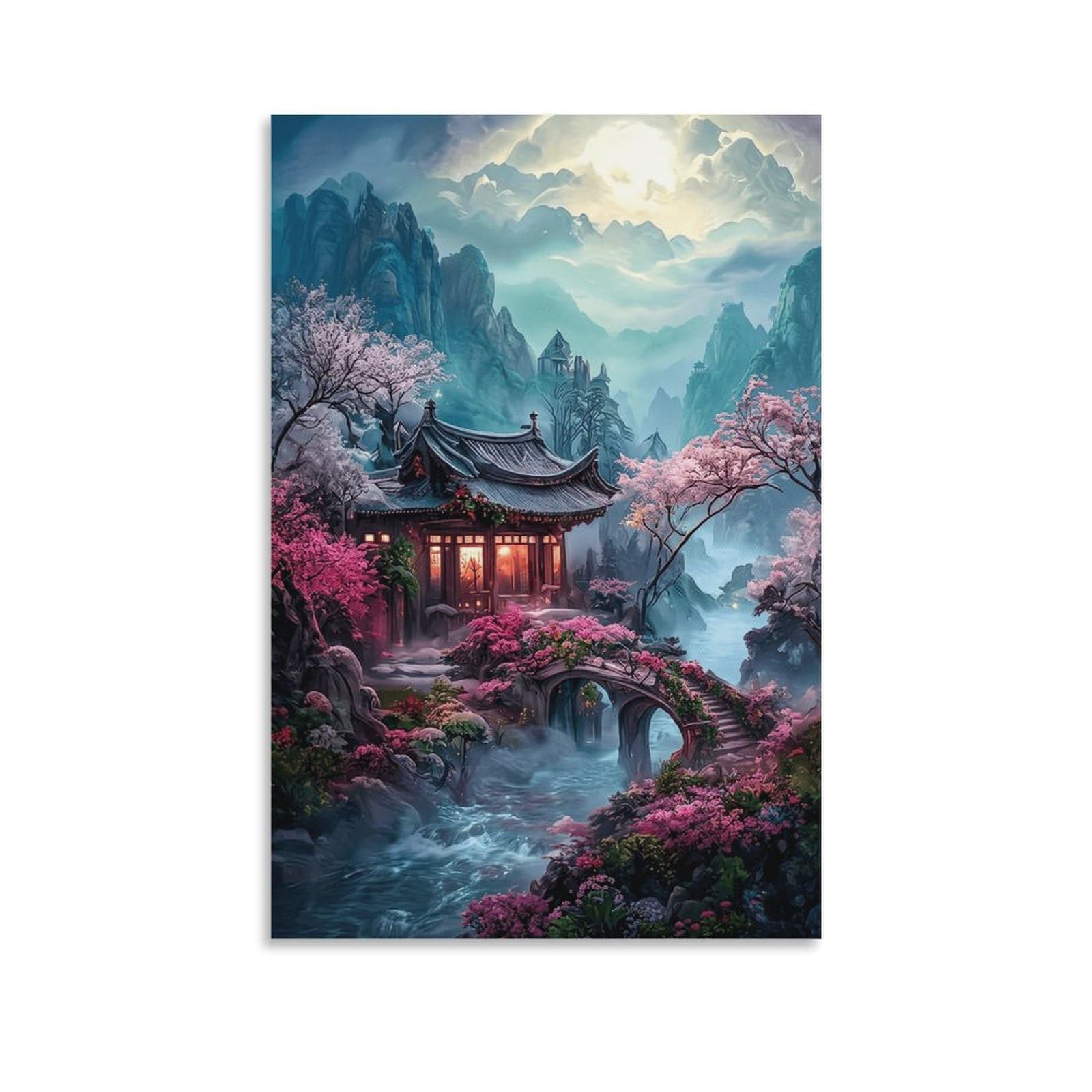 XPASHIQWC Chinese-style Pavilion Poster Artwork Cherry Blossoms Canvas Prints Picture Modern Wall Art Picture Wall Hanging for Bathroom Wall Decor 20x30inch(50x75cm)