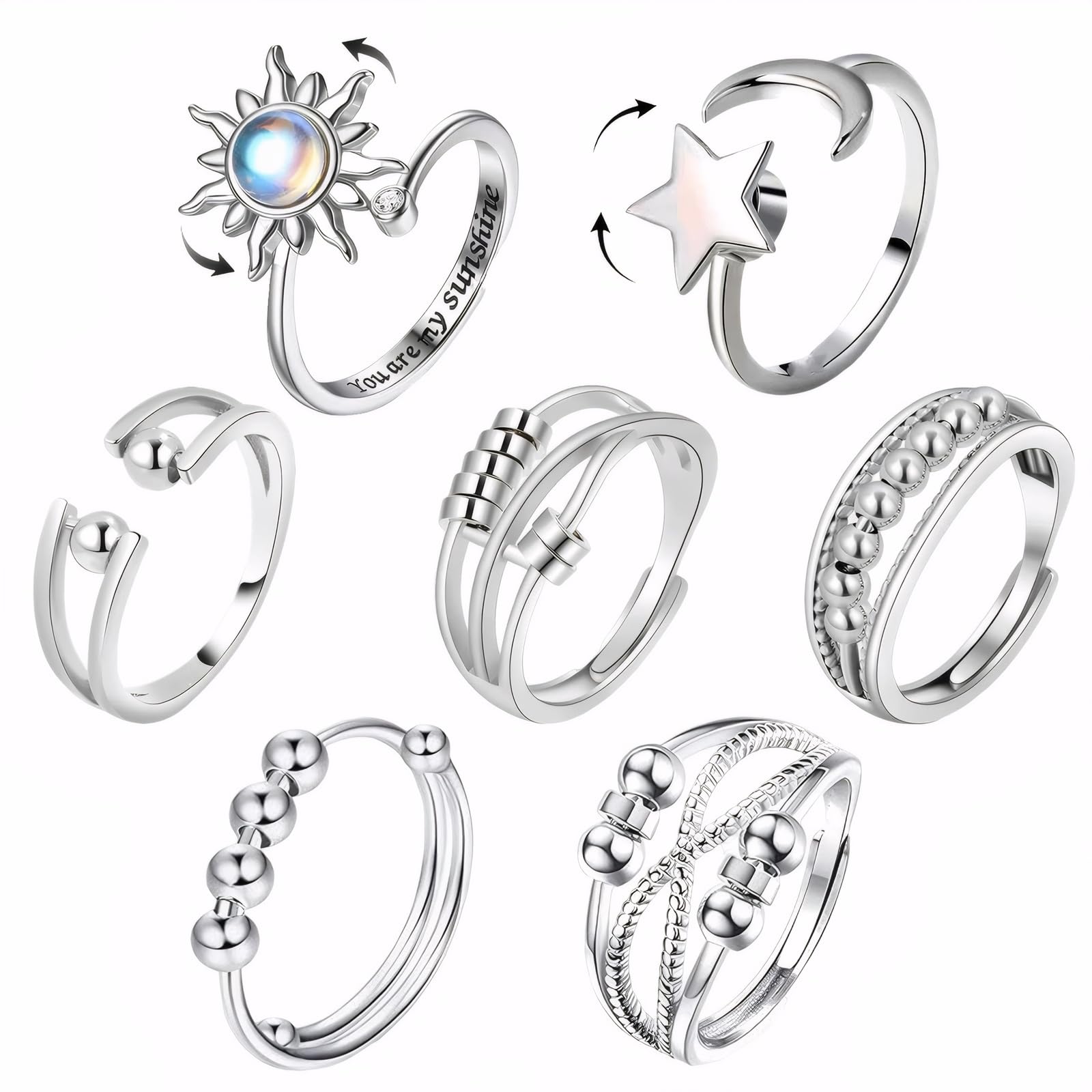 LINXINS 7Pcs Fidget Rings, Sterling Silver Anxiety Ring for Women, Adjustable Open Spinner Rings, Fidget Jewellery for Mum Girlfriend Daughter - Anxiety Relief Gift