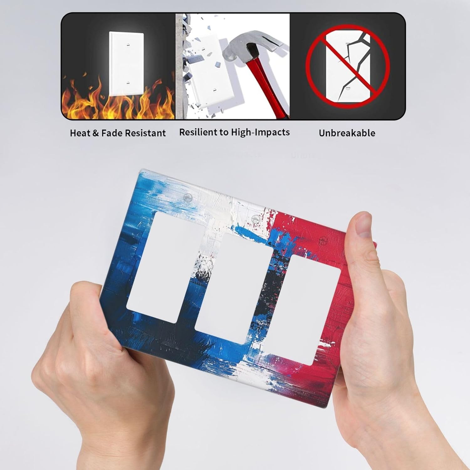 Light Switch Covers Abstract Art Red Blue White Oil Painting 3 Gang Rocker Electrical GFCI Decorative Triple Outlet Wall Plate Cover Switchplate for Bedroom Bathroom Decor