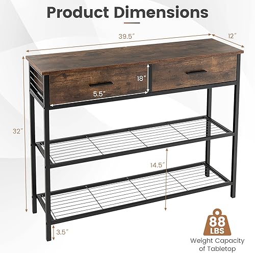 Miniatura 3 de Giantex Mesa consola de 39.5 pulgadas con cajón de almacenamiento, mesa de entrada con 2 cajones, estantes de 2 niveles, diseño antiderrapamiento,