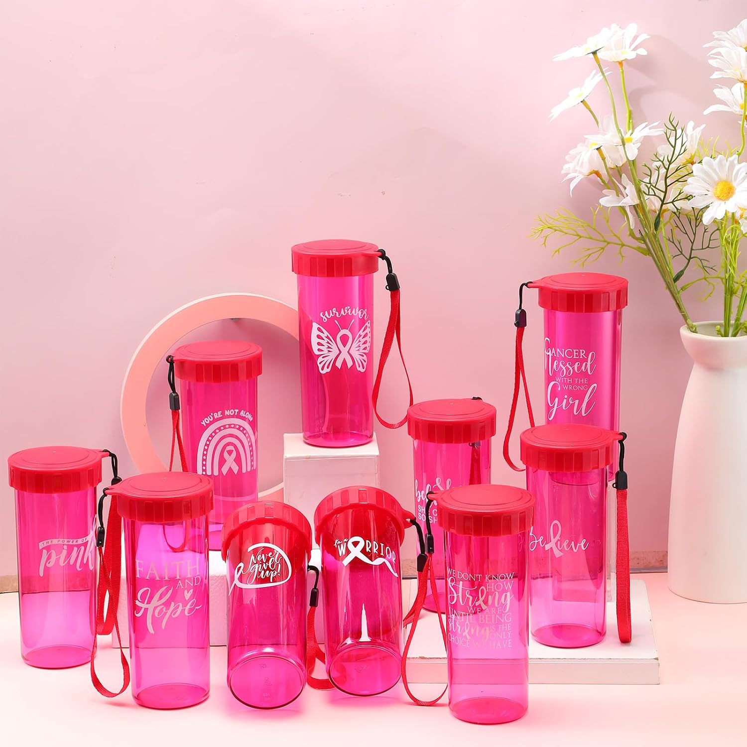 Uiifan 10 Pcs Breast Cancer Awareness Gifts for Women 14.5 oz Plastic Water Bottles with Pink Ribbon Inspirational Breast Cancer Gifts Reusable Pink Water Cups for Charity Survivor Events Supplies