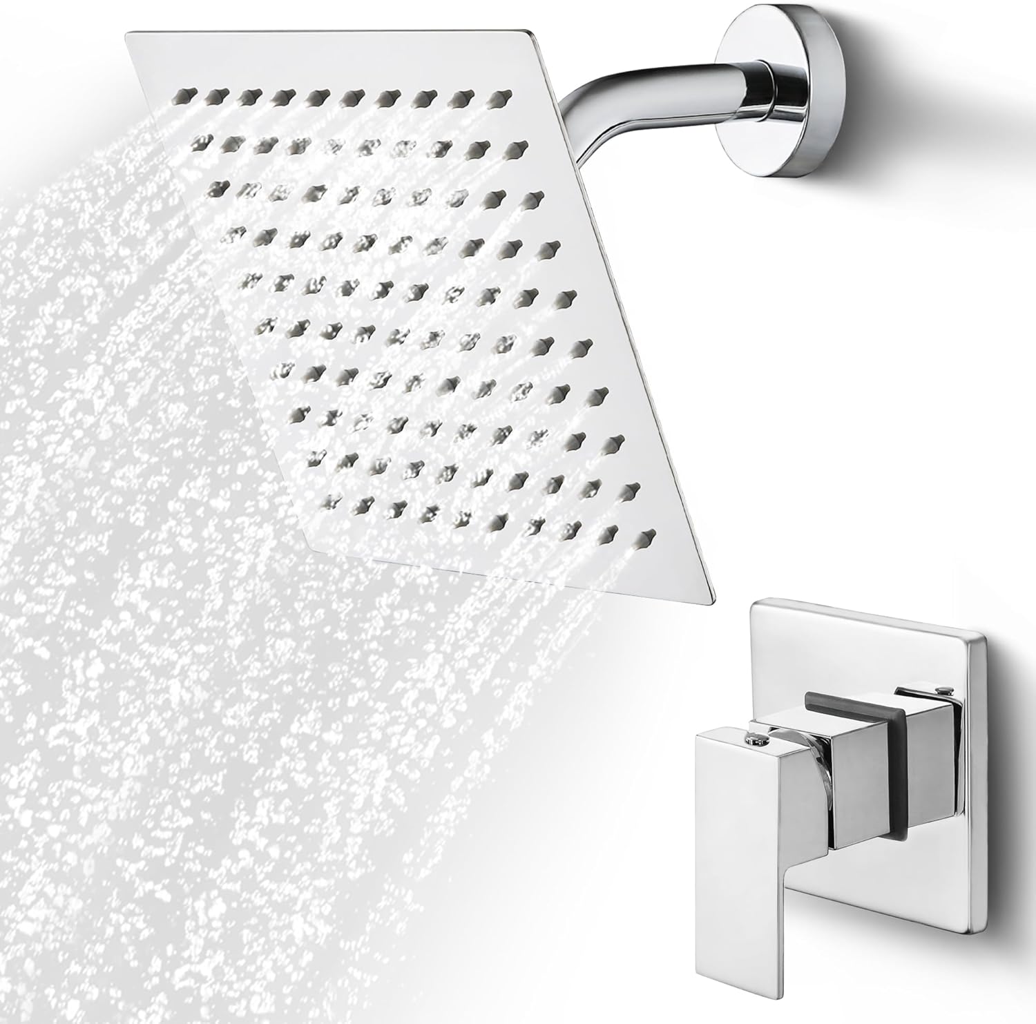 SKOWLL Bathroom Shower Faucet Set, Wall Mount 8 Inch Shower Head and Handle Set, Single Function Shower Trim Kit with Rough-in Valve, Polished Chrome Shower Head System