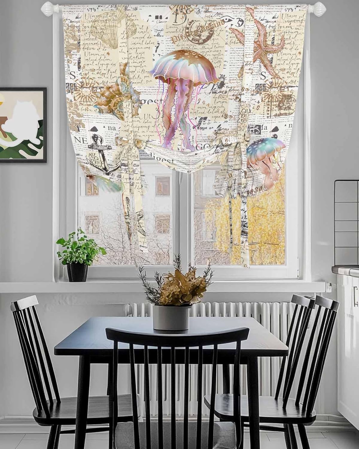 Tie Up Curtain for Windows Jellyfish Starfish Balloon Window Shades for Bedroom Bathroom Adjustable Rod Pocket Nautical Anchor Window Treatments Curtains Valance for Kitchen 52" W x 63" L