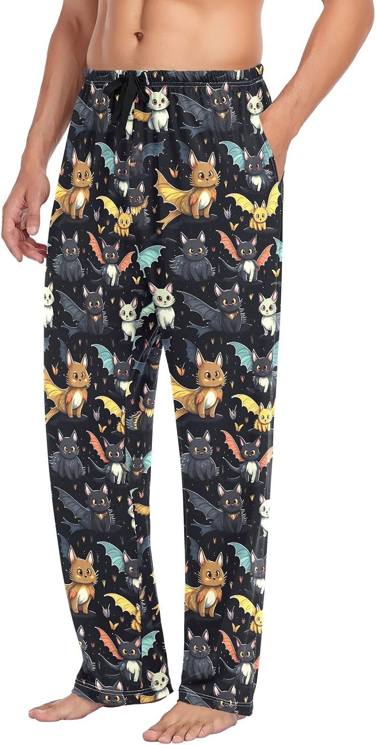 ALAZA Cat Bat Halloween Men's Pajama Pants Men Cotton Pajama Bottoms with Pockets, S