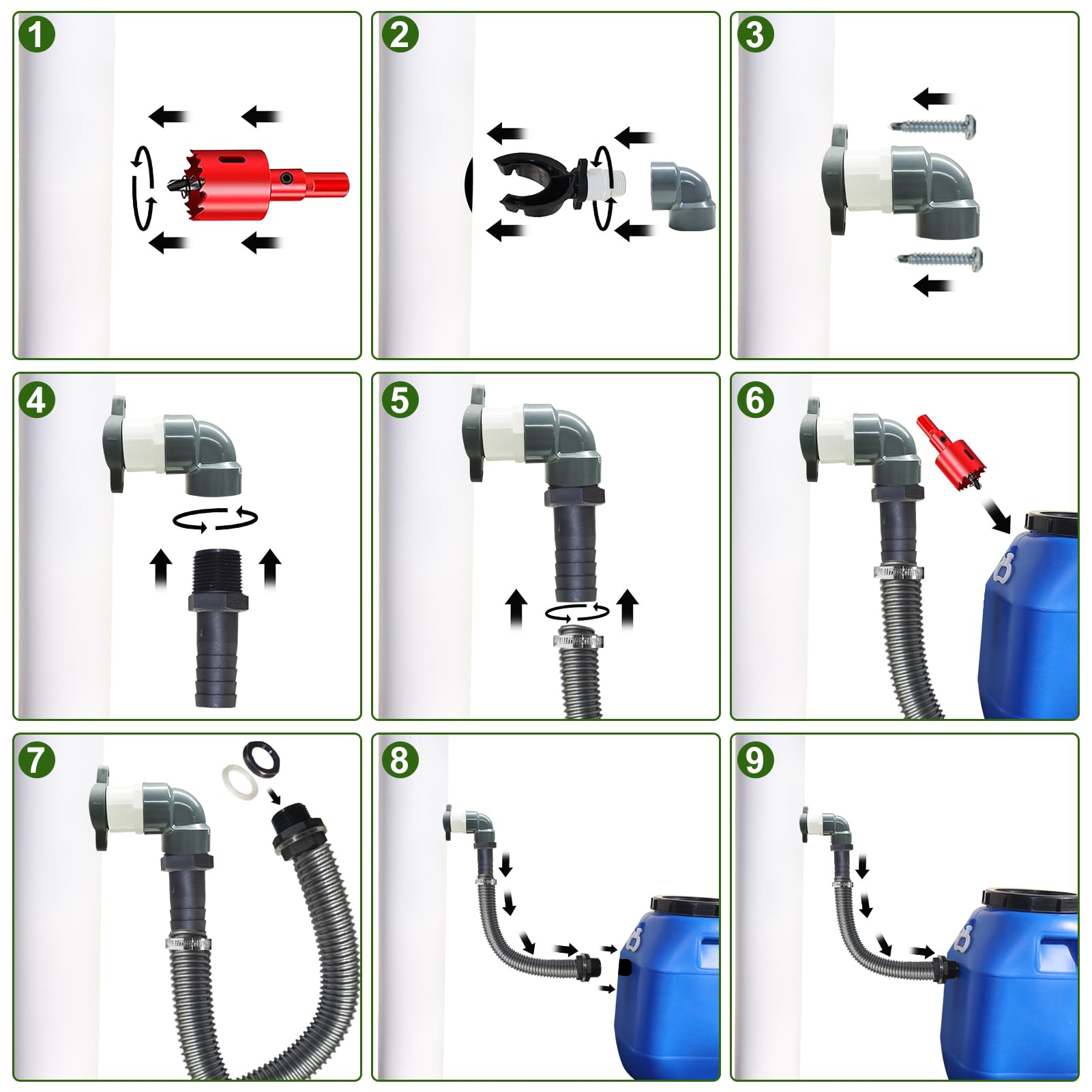 Kit di Collegamento Serbatoio Acqua Piovana, Recuperatore D'Acqua Piovana, Kit Recupero Acqua Piovana per Pluviali di Diametro 100-110mm, per Superfici fino a 80 m² con Accessori di Montaggio