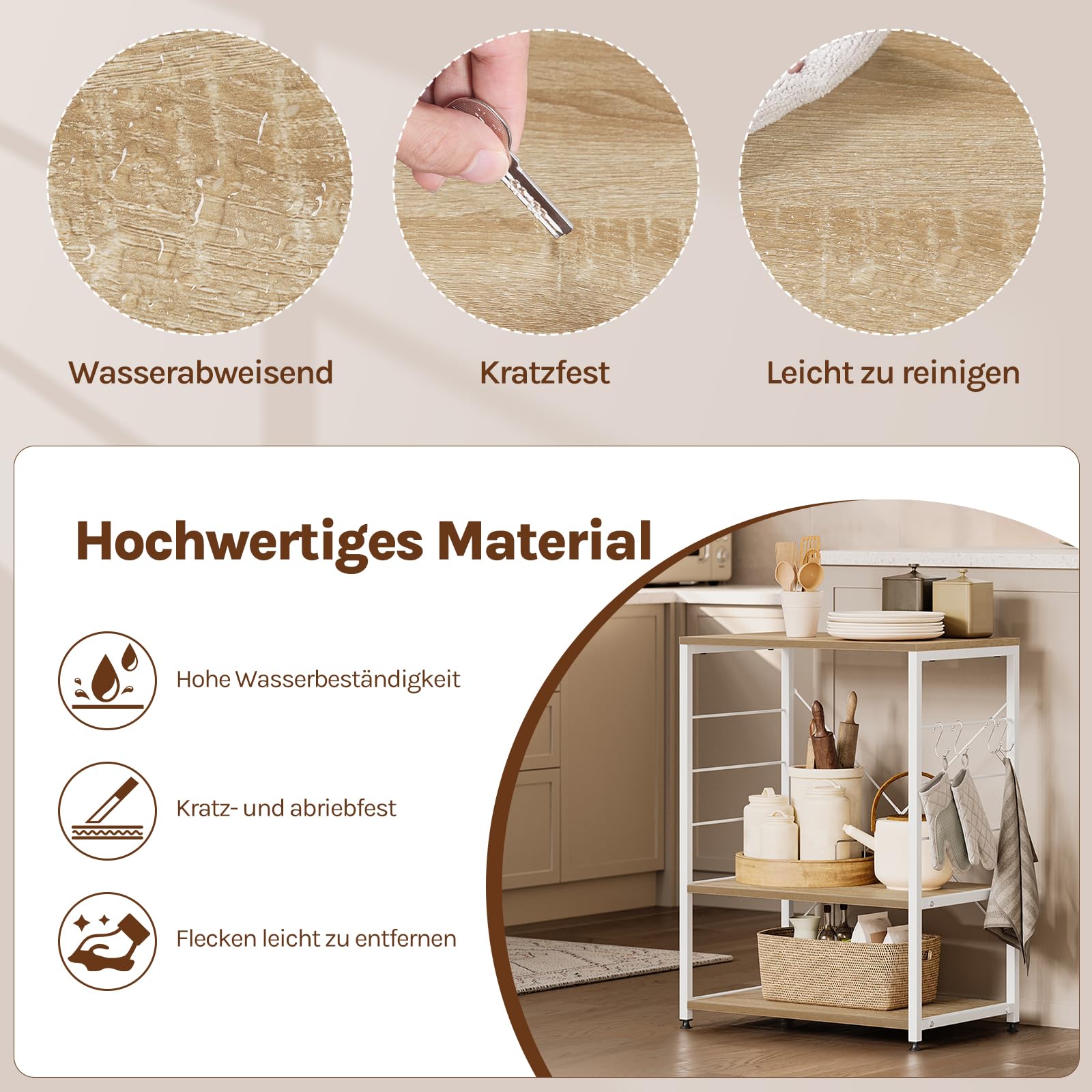 WOLTU Küchenregal, Standregal Mikrowellenhalter, Bäcker Regal Metallregal aus Holz und Stahl, mit 3 Ablagen, ca. 60 x 82 x 40 cm, Weiß + Hell Eiche