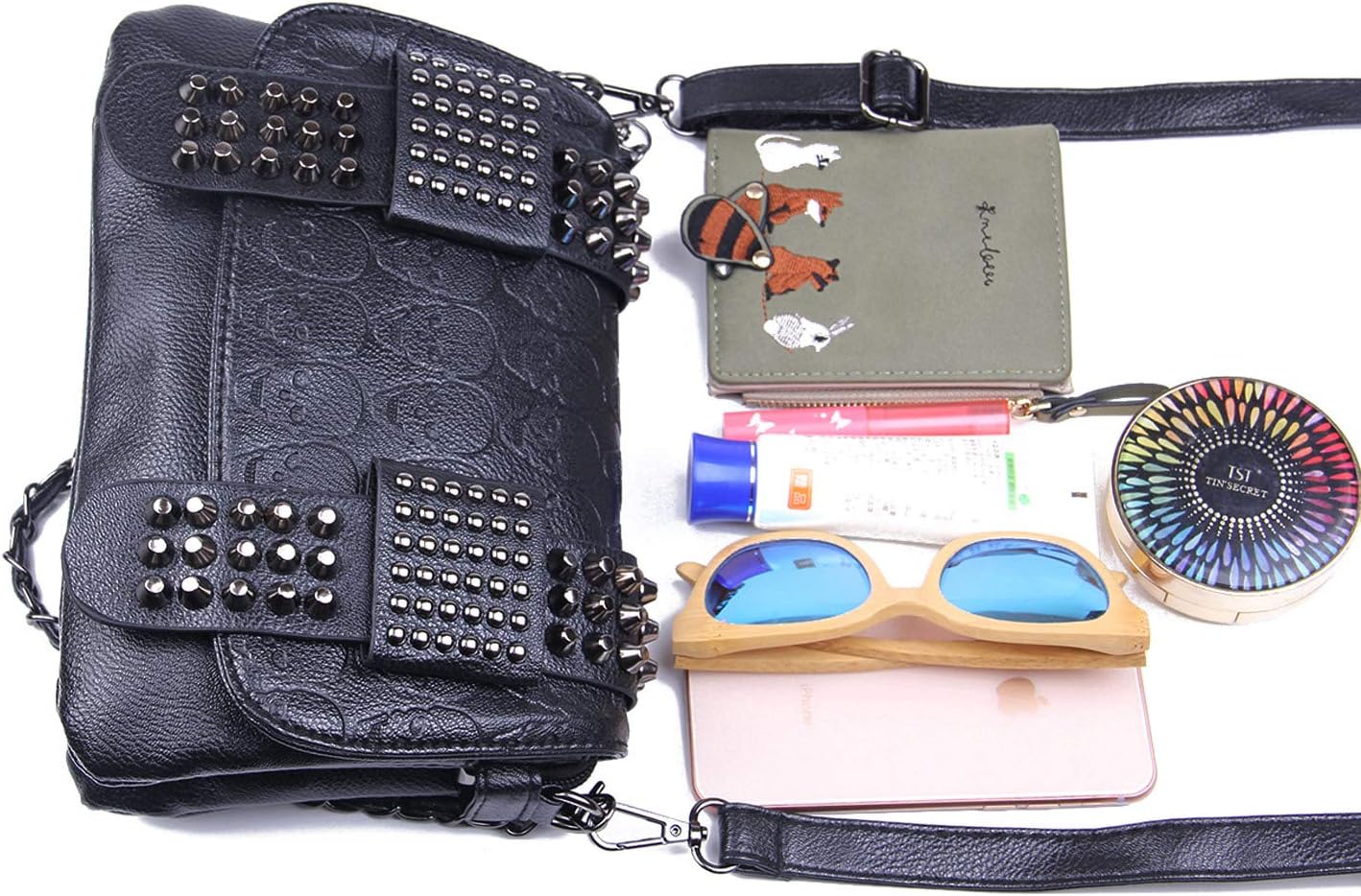 SUKUTU Womens Punk Skull Rivet Shoulder Bag PU Leather Goth Crossbody Bag with Chain Wallet Purse for Girls - Image 4