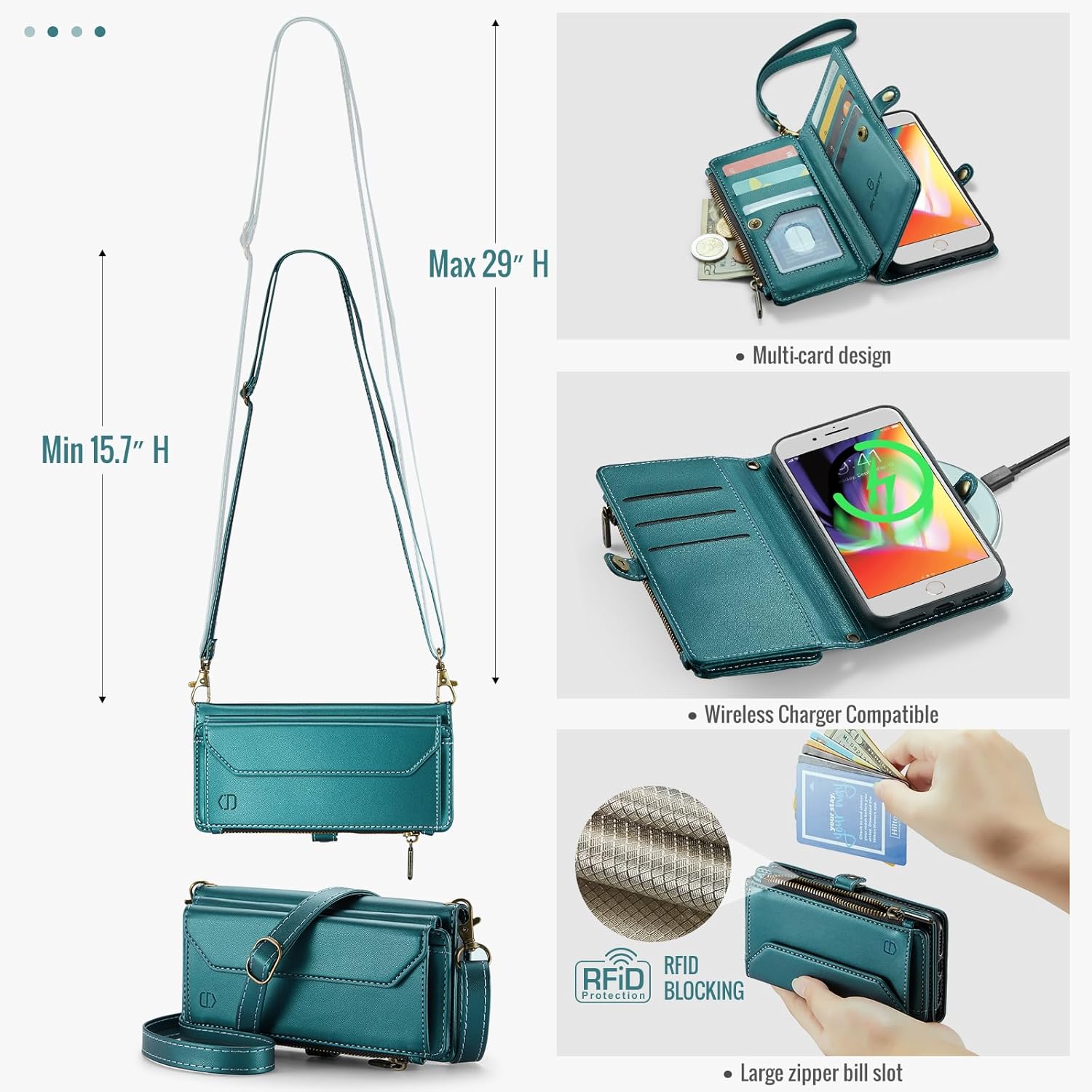 Crossbody Wallet Case Compatible with iPhone 8 Plus / 7 Plus RFID Blocking 10-Card Holder Soft PU Leather Magnetic Closure Shoulder Strap Zipper Pocket Phone Case for Women 5.5" - Blue Green - Image 4