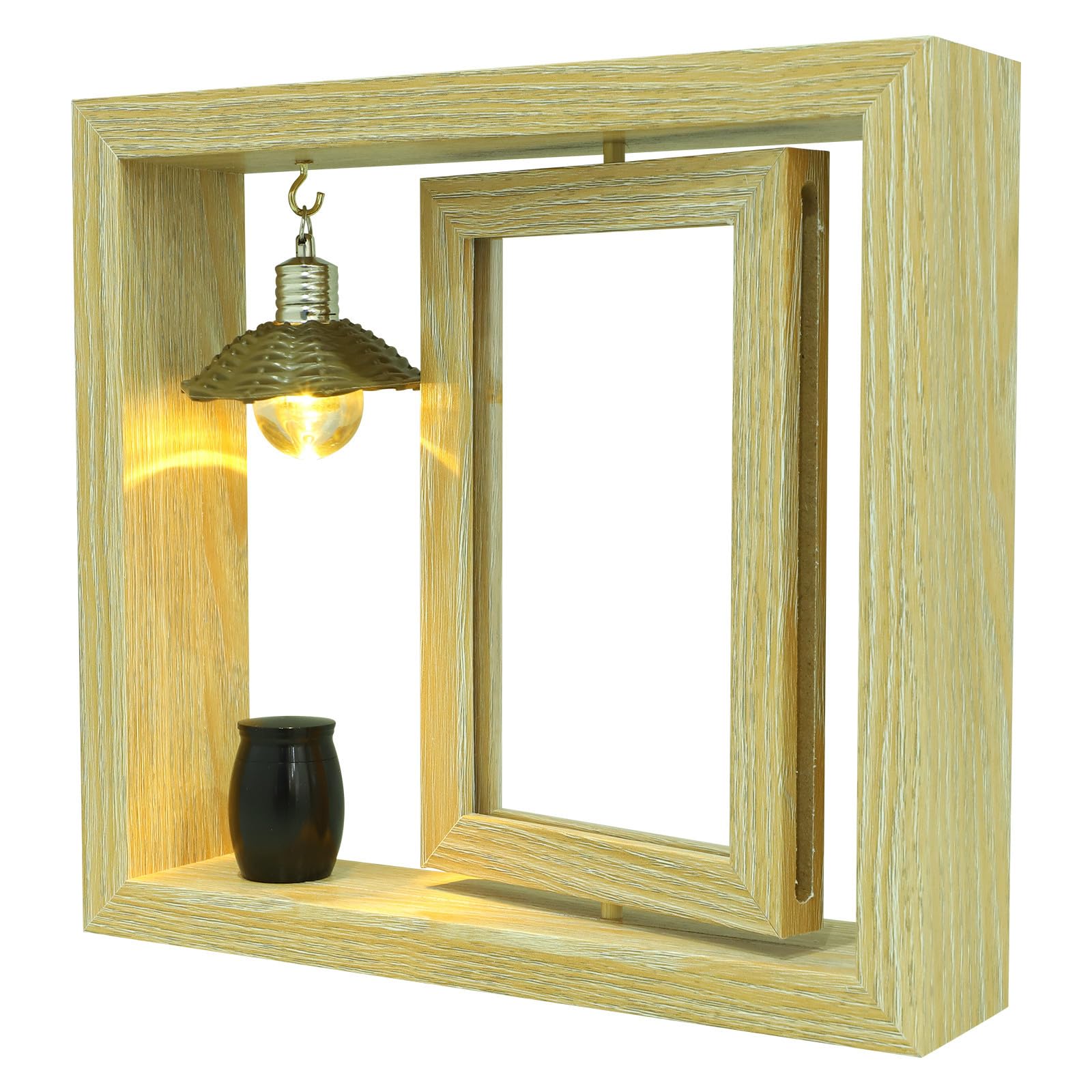 Holzfotorahmen mit Kleiner Urne aus Metall und Holz, Flache Basis, stilvolle Gedenkdekoration für menschliche auf dem Schreibtisch